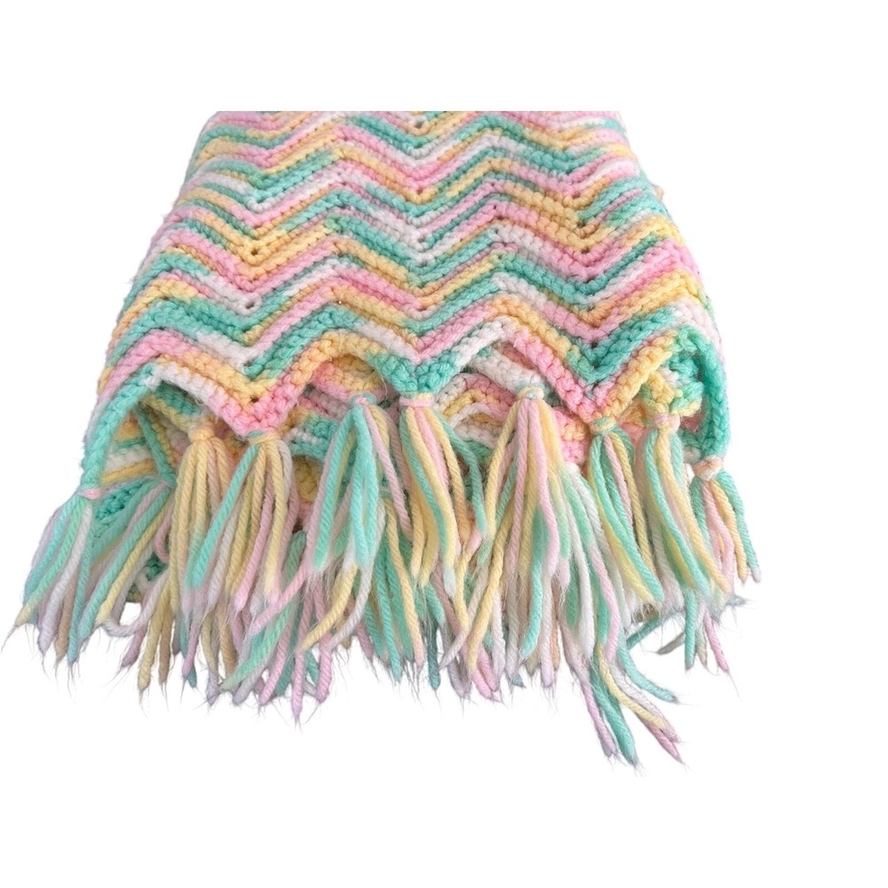 Handmade Crochet Chevron Throw Blanket Pastel Pink Yellow Green Zig Zag Tassels - Picture 6 of 6